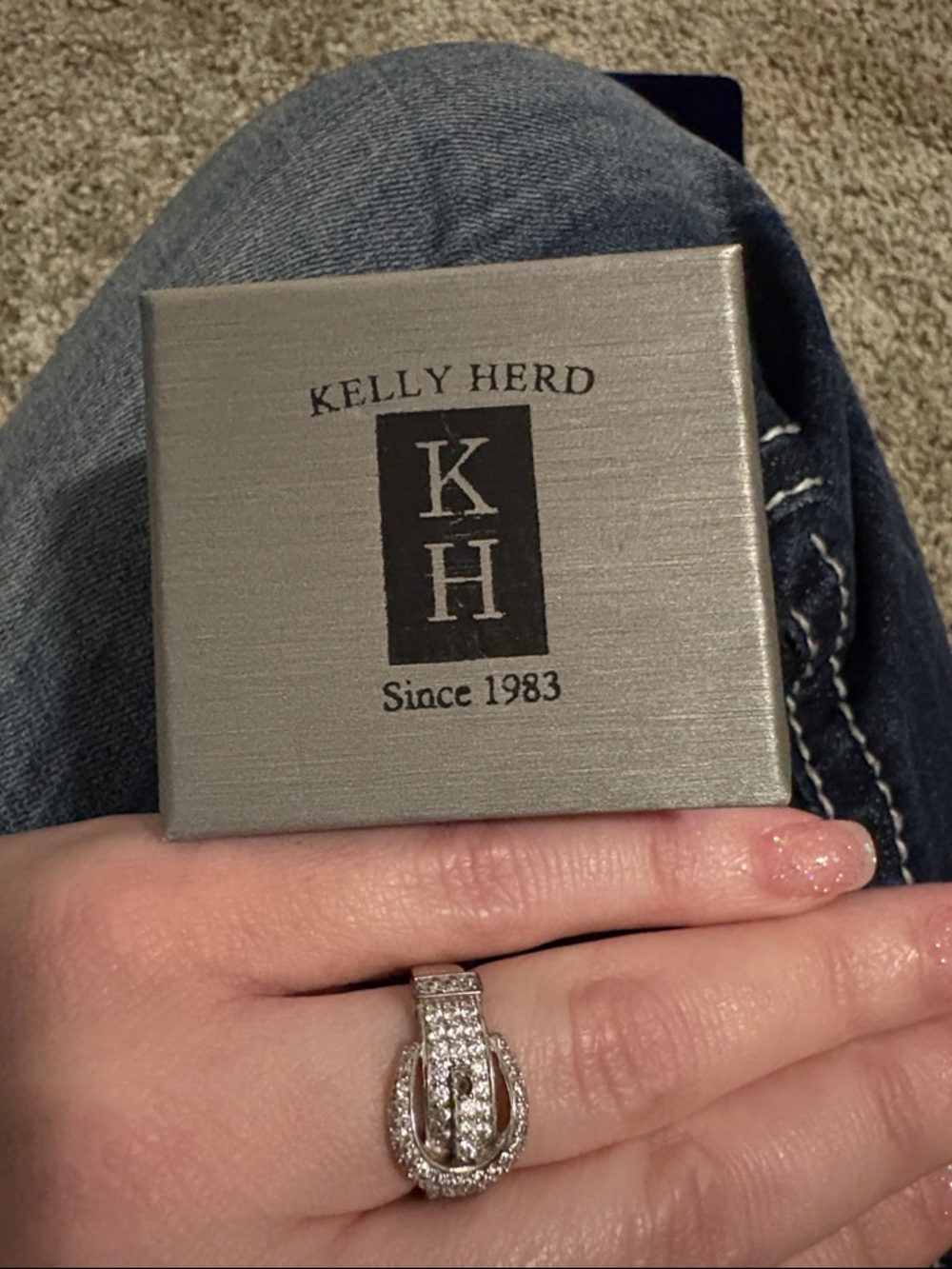 Kelly Herd Silver-Tone Pave Buckle Ring - Sparkling Clear Stones Sz 7